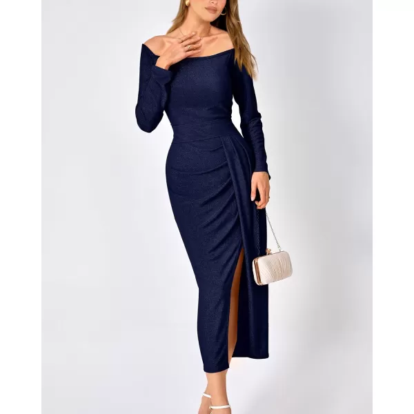 imageBTFBM Women Off Shoulder Bodycon Dresses Long Sleeve Ruched Slit Glitter Ball Gown Cocktail Party Evening Maxi DressShiny Dark Blue
