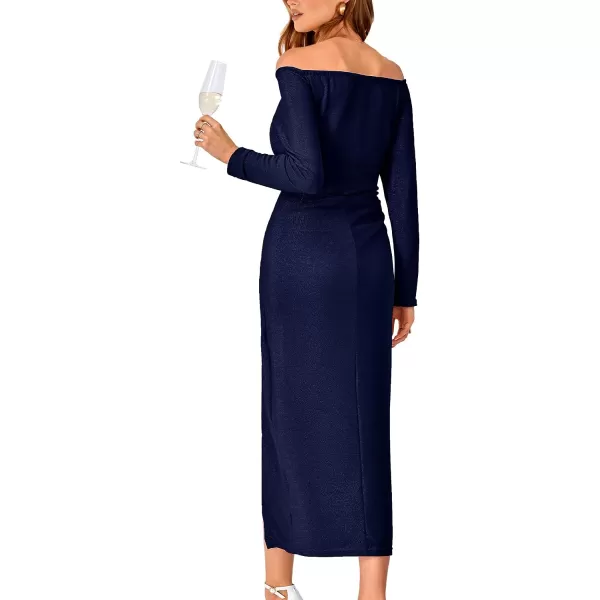 imageBTFBM Women Off Shoulder Bodycon Dresses Long Sleeve Ruched Slit Glitter Ball Gown Cocktail Party Evening Maxi DressShiny Dark Blue