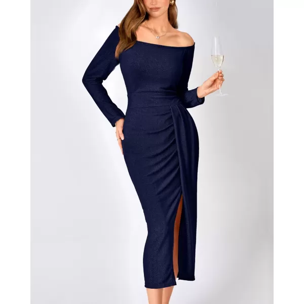 imageBTFBM Women Off Shoulder Bodycon Dresses Long Sleeve Ruched Slit Glitter Ball Gown Cocktail Party Evening Maxi DressShiny Dark Blue