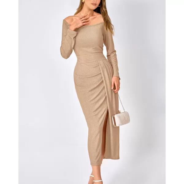 imageBTFBM Women Off Shoulder Bodycon Dresses Long Sleeve Ruched Slit Glitter Ball Gown Cocktail Party Evening Maxi DressShiny Light Khaki
