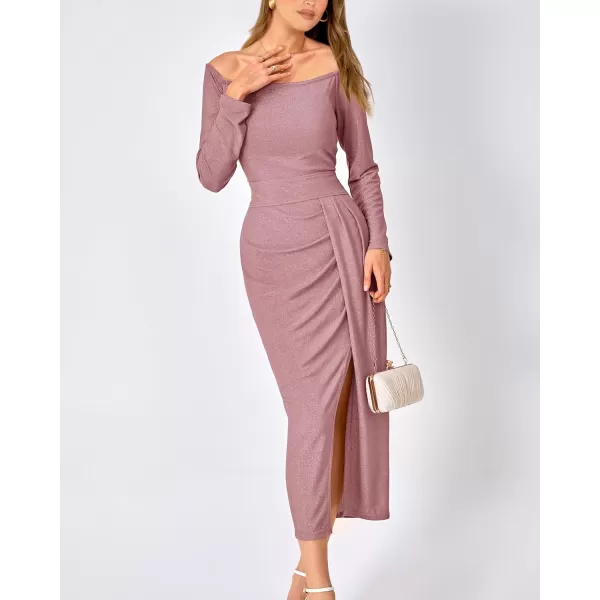 imageBTFBM Women Off Shoulder Bodycon Dresses Long Sleeve Ruched Slit Glitter Ball Gown Cocktail Party Evening Maxi DressShiny Light Pink