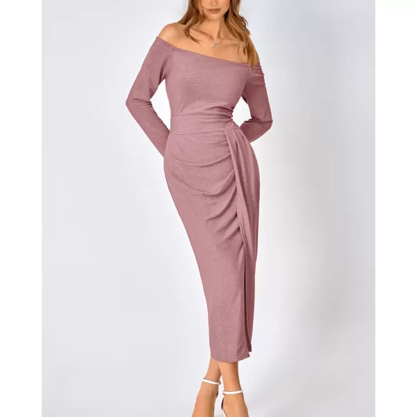 imageBTFBM Women Off Shoulder Bodycon Dresses Long Sleeve Ruched Slit Glitter Ball Gown Cocktail Party Evening Maxi DressShiny Light Pink