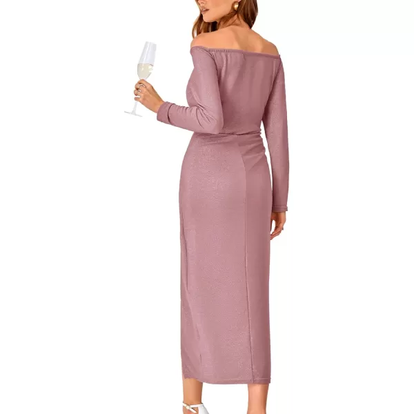 imageBTFBM Women Off Shoulder Bodycon Dresses Long Sleeve Ruched Slit Glitter Ball Gown Cocktail Party Evening Maxi DressShiny Light Pink