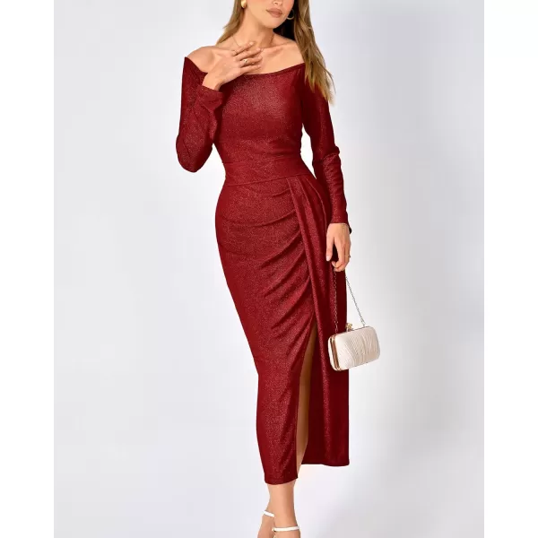 imageBTFBM Women Off Shoulder Bodycon Dresses Long Sleeve Ruched Slit Glitter Ball Gown Cocktail Party Evening Maxi DressShiny Red