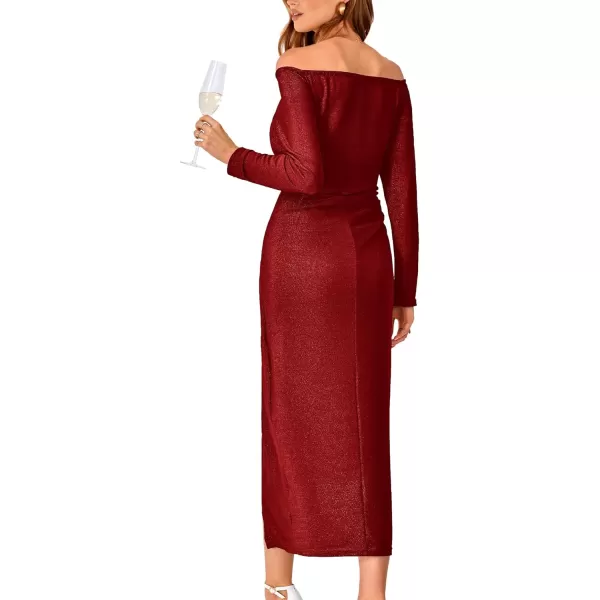 imageBTFBM Women Off Shoulder Bodycon Dresses Long Sleeve Ruched Slit Glitter Ball Gown Cocktail Party Evening Maxi DressShiny Red