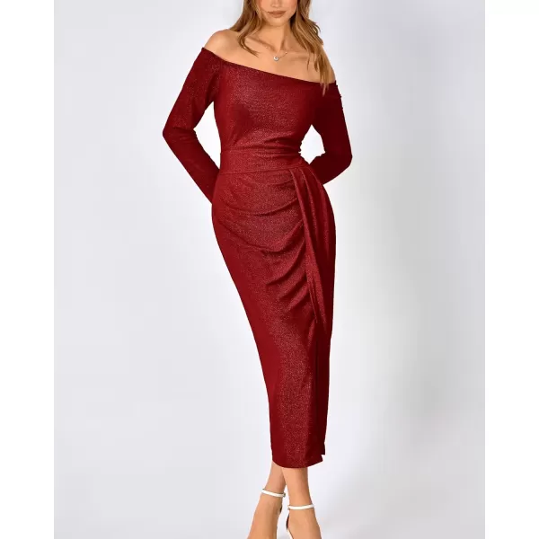 imageBTFBM Women Off Shoulder Bodycon Dresses Long Sleeve Ruched Slit Glitter Ball Gown Cocktail Party Evening Maxi DressShiny Red