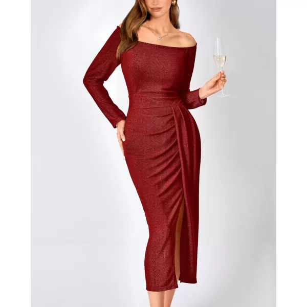imageBTFBM Women Off Shoulder Bodycon Dresses Long Sleeve Ruched Slit Glitter Ball Gown Cocktail Party Evening Maxi DressShiny Red