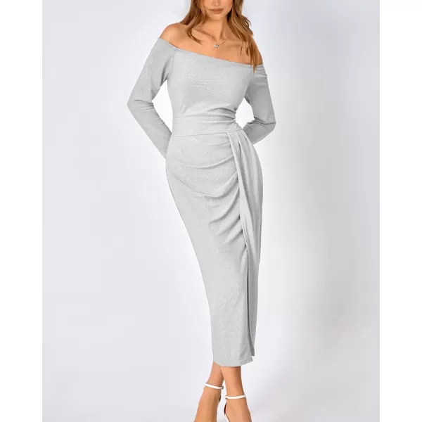 imageBTFBM Women Off Shoulder Bodycon Dresses Long Sleeve Ruched Slit Glitter Ball Gown Cocktail Party Evening Maxi DressShiny White