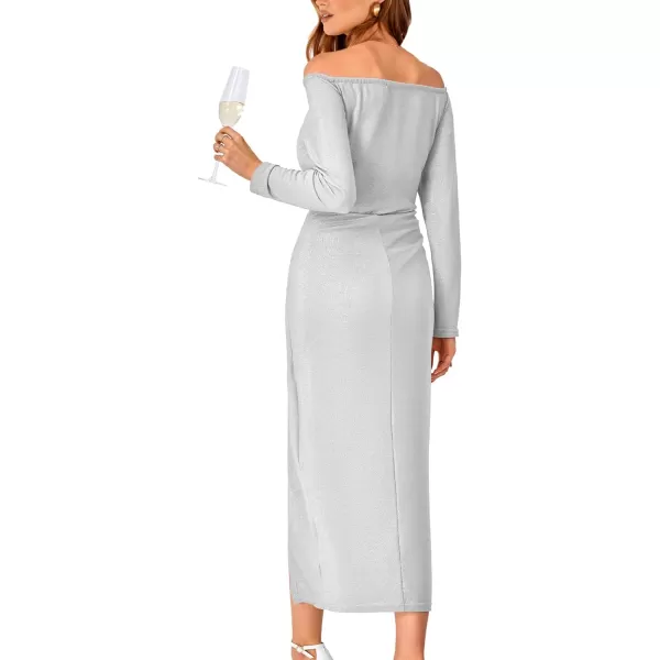 imageBTFBM Women Off Shoulder Bodycon Dresses Long Sleeve Ruched Slit Glitter Ball Gown Cocktail Party Evening Maxi DressShiny White
