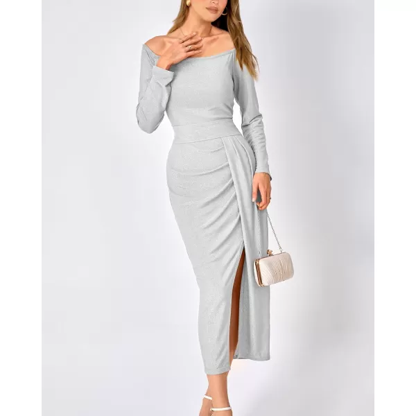 imageBTFBM Women Off Shoulder Bodycon Dresses Long Sleeve Ruched Slit Glitter Ball Gown Cocktail Party Evening Maxi DressShiny White