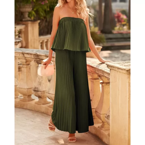 imageBTFBM Women Off Shoulder Summer Rompers 2023 Strapless Pleated Wide Leg Palazzo Pants Jumpsuit One Piece Fashion OutfitsSolid Army Green
