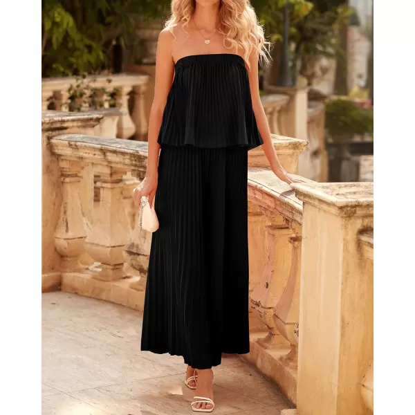 imageBTFBM Women Off Shoulder Summer Rompers 2023 Strapless Pleated Wide Leg Palazzo Pants Jumpsuit One Piece Fashion OutfitsSolid Black