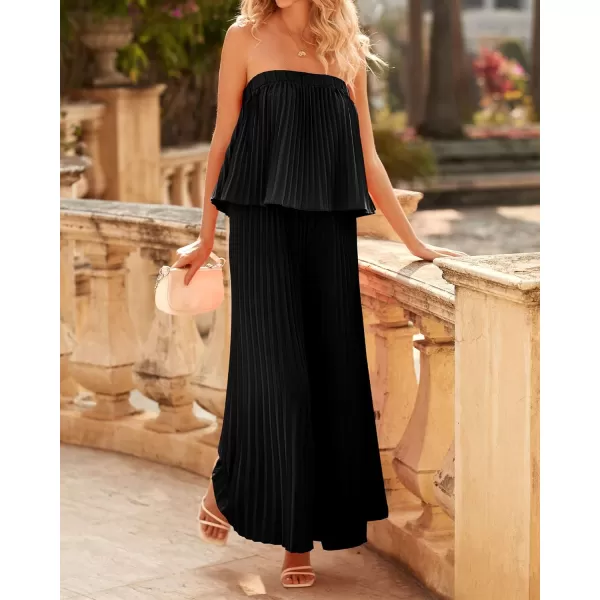 imageBTFBM Women Off Shoulder Summer Rompers 2023 Strapless Pleated Wide Leg Palazzo Pants Jumpsuit One Piece Fashion OutfitsSolid Black