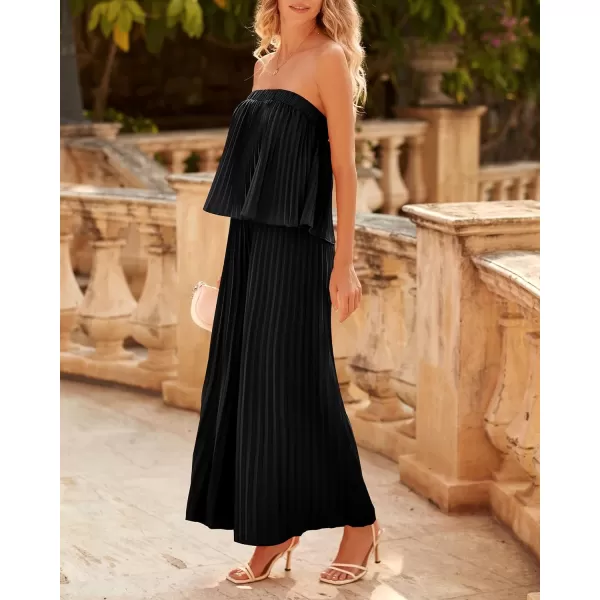 imageBTFBM Women Off Shoulder Summer Rompers 2023 Strapless Pleated Wide Leg Palazzo Pants Jumpsuit One Piece Fashion OutfitsSolid Black