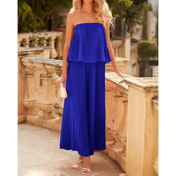imageBTFBM Women Off Shoulder Summer Rompers 2023 Strapless Pleated Wide Leg Palazzo Pants Jumpsuit One Piece Fashion OutfitsSolid Blue