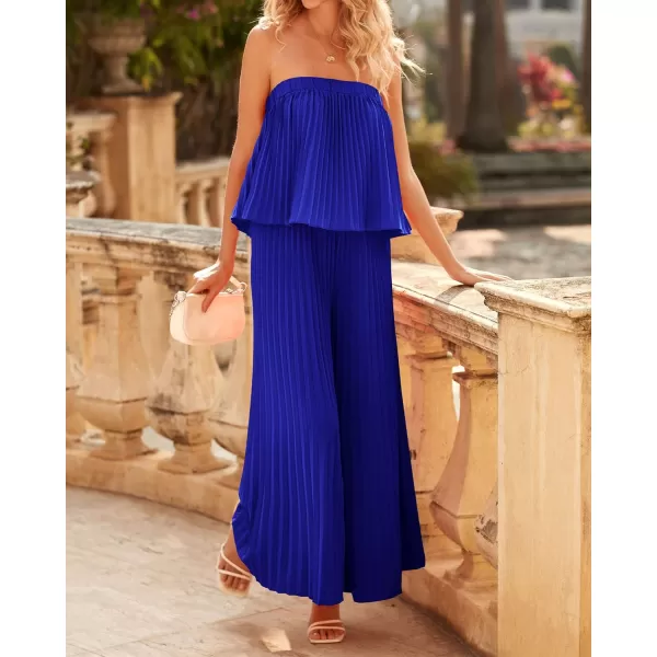 imageBTFBM Women Off Shoulder Summer Rompers 2023 Strapless Pleated Wide Leg Palazzo Pants Jumpsuit One Piece Fashion OutfitsSolid Blue