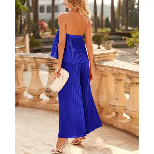 imageBTFBM Women Off Shoulder Summer Rompers 2023 Strapless Pleated Wide Leg Palazzo Pants Jumpsuit One Piece Fashion OutfitsSolid Blue