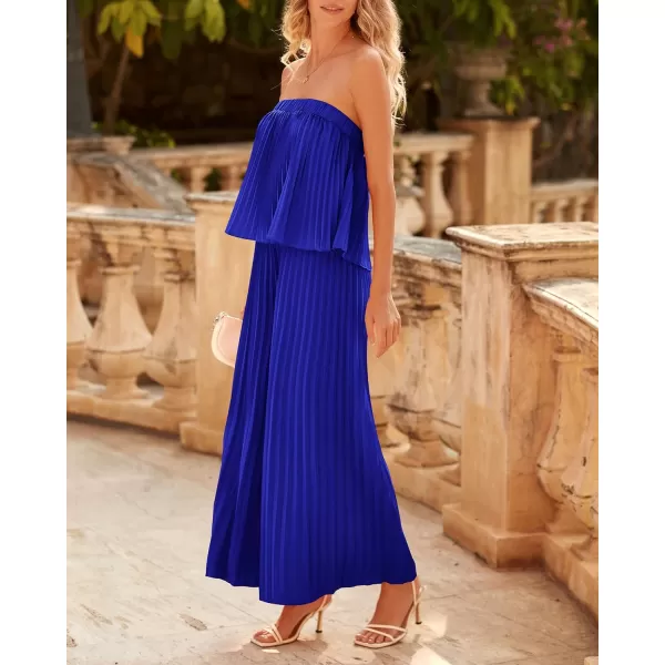 imageBTFBM Women Off Shoulder Summer Rompers 2023 Strapless Pleated Wide Leg Palazzo Pants Jumpsuit One Piece Fashion OutfitsSolid Blue