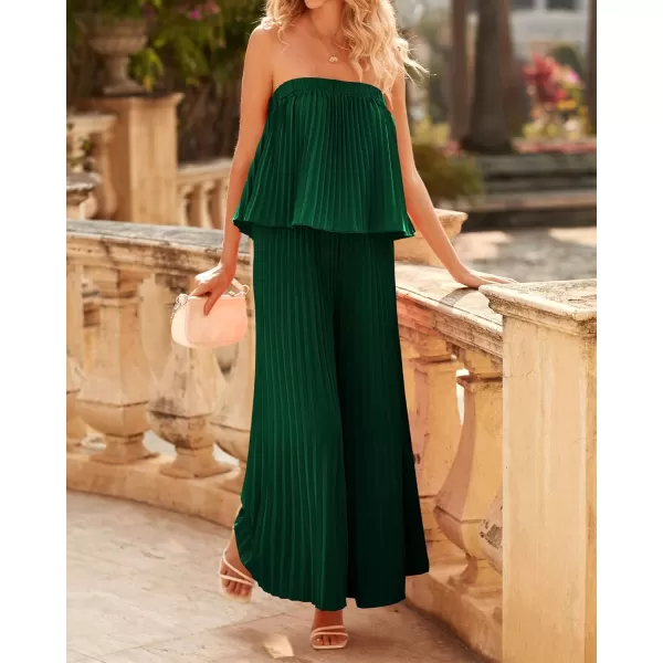 imageBTFBM Women Off Shoulder Summer Rompers 2023 Strapless Pleated Wide Leg Palazzo Pants Jumpsuit One Piece Fashion OutfitsSolid Dark Green