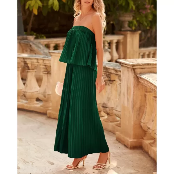 imageBTFBM Women Off Shoulder Summer Rompers 2023 Strapless Pleated Wide Leg Palazzo Pants Jumpsuit One Piece Fashion OutfitsSolid Dark Green