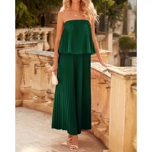 imageBTFBM Women Off Shoulder Summer Rompers 2023 Strapless Pleated Wide Leg Palazzo Pants Jumpsuit One Piece Fashion OutfitsSolid Dark Green