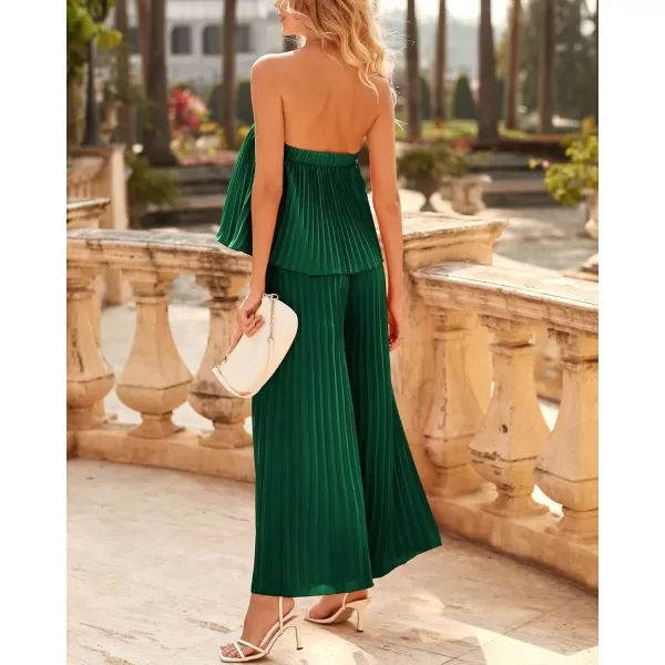 imageBTFBM Women Off Shoulder Summer Rompers 2023 Strapless Pleated Wide Leg Palazzo Pants Jumpsuit One Piece Fashion OutfitsSolid Dark Green