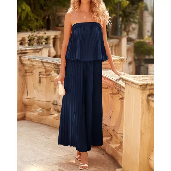 imageBTFBM Women Off Shoulder Summer Rompers 2023 Strapless Pleated Wide Leg Palazzo Pants Jumpsuit One Piece Fashion OutfitsSolid Navy