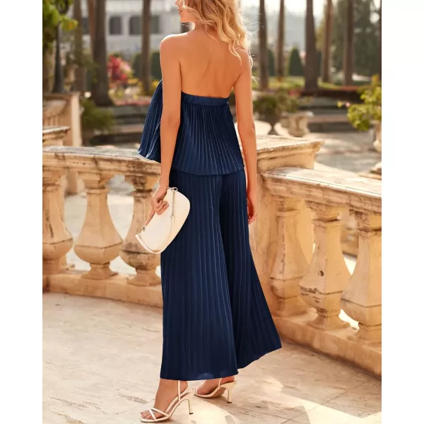 imageBTFBM Women Off Shoulder Summer Rompers 2023 Strapless Pleated Wide Leg Palazzo Pants Jumpsuit One Piece Fashion OutfitsSolid Navy