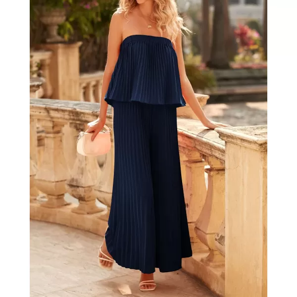 imageBTFBM Women Off Shoulder Summer Rompers 2023 Strapless Pleated Wide Leg Palazzo Pants Jumpsuit One Piece Fashion OutfitsSolid Navy