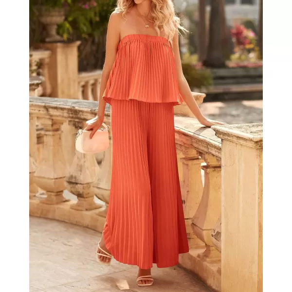 imageBTFBM Women Off Shoulder Summer Rompers 2023 Strapless Pleated Wide Leg Palazzo Pants Jumpsuit One Piece Fashion OutfitsSolid Orange Red