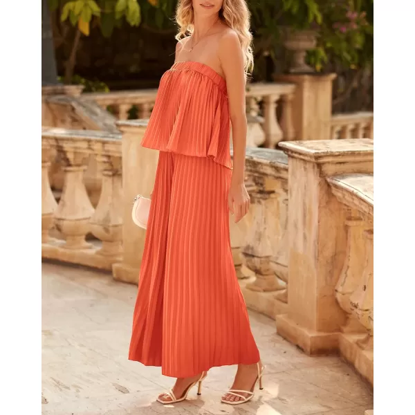 imageBTFBM Women Off Shoulder Summer Rompers 2023 Strapless Pleated Wide Leg Palazzo Pants Jumpsuit One Piece Fashion OutfitsSolid Orange Red