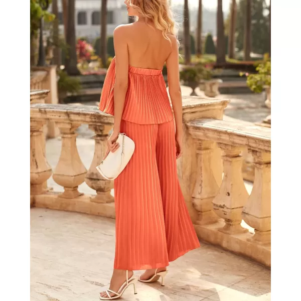 imageBTFBM Women Off Shoulder Summer Rompers 2023 Strapless Pleated Wide Leg Palazzo Pants Jumpsuit One Piece Fashion OutfitsSolid Orange Red