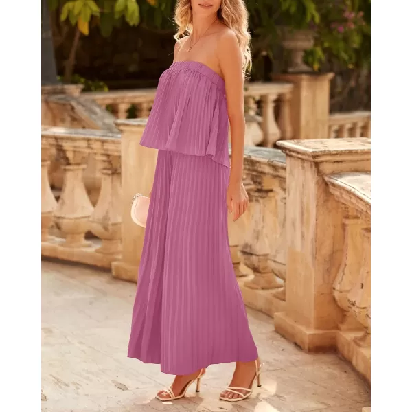 imageBTFBM Women Off Shoulder Summer Rompers 2023 Strapless Pleated Wide Leg Palazzo Pants Jumpsuit One Piece Fashion OutfitsSolid Pink