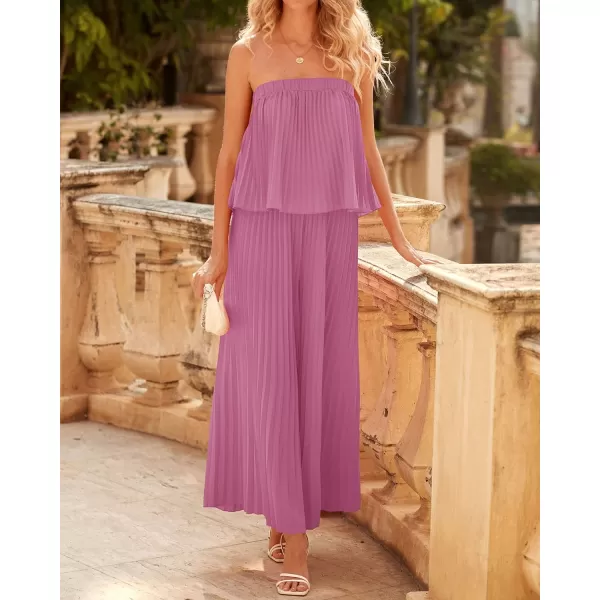 imageBTFBM Women Off Shoulder Summer Rompers 2023 Strapless Pleated Wide Leg Palazzo Pants Jumpsuit One Piece Fashion OutfitsSolid Pink