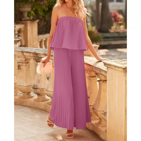 imageBTFBM Women Off Shoulder Summer Rompers 2023 Strapless Pleated Wide Leg Palazzo Pants Jumpsuit One Piece Fashion OutfitsSolid Pink