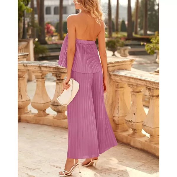 imageBTFBM Women Off Shoulder Summer Rompers 2023 Strapless Pleated Wide Leg Palazzo Pants Jumpsuit One Piece Fashion OutfitsSolid Pink