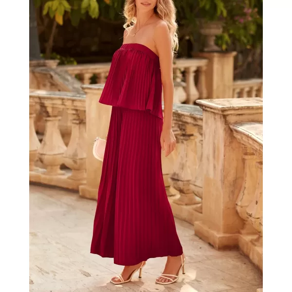 imageBTFBM Women Off Shoulder Summer Rompers 2023 Strapless Pleated Wide Leg Palazzo Pants Jumpsuit One Piece Fashion OutfitsSolid Red
