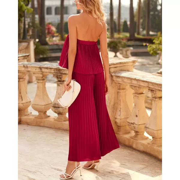 imageBTFBM Women Off Shoulder Summer Rompers 2023 Strapless Pleated Wide Leg Palazzo Pants Jumpsuit One Piece Fashion OutfitsSolid Red
