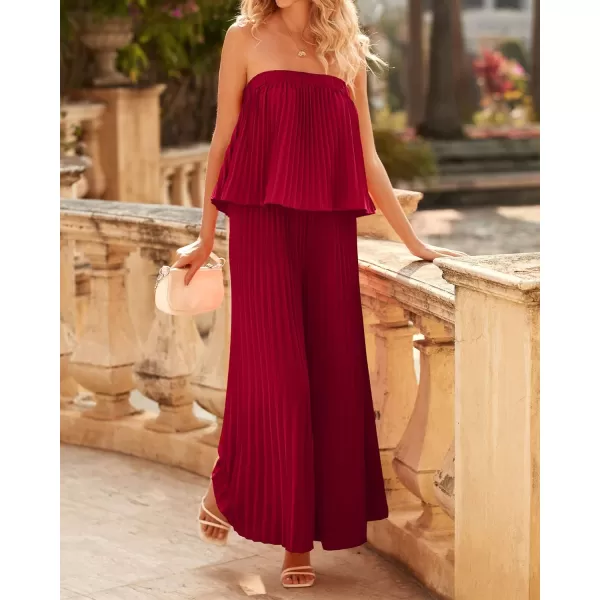 imageBTFBM Women Off Shoulder Summer Rompers 2023 Strapless Pleated Wide Leg Palazzo Pants Jumpsuit One Piece Fashion OutfitsSolid Red