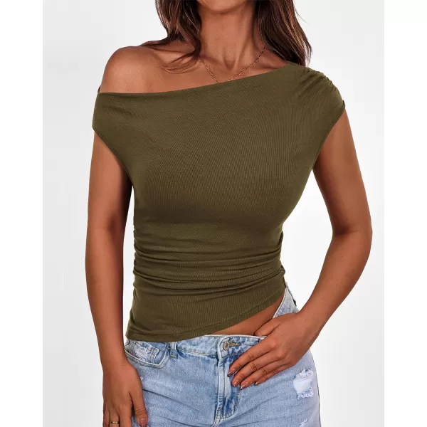 imageBTFBM Women Off The Shoulder Tops Casual Summer Boat Neck Sleeveless Ruched Ribbed Shirt Slim Fitted Y2K Going Out TopSolid Army Green