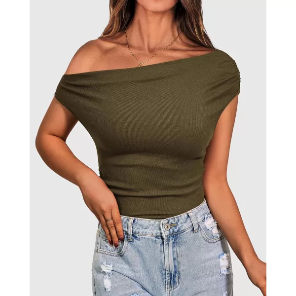 imageBTFBM Women Off The Shoulder Tops Casual Summer Boat Neck Sleeveless Ruched Ribbed Shirt Slim Fitted Y2K Going Out TopSolid Army Green