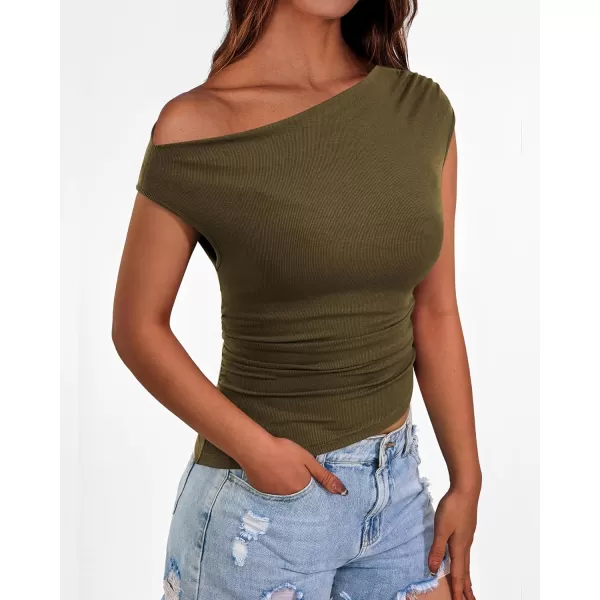 imageBTFBM Women Off The Shoulder Tops Casual Summer Boat Neck Sleeveless Ruched Ribbed Shirt Slim Fitted Y2K Going Out TopSolid Army Green