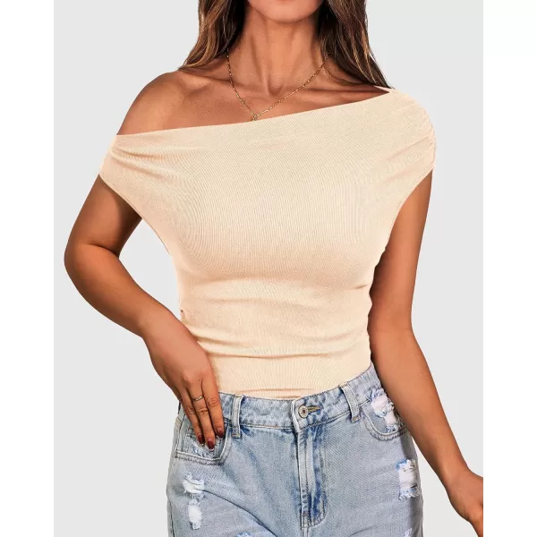 imageBTFBM Women Off The Shoulder Tops Casual Summer Boat Neck Sleeveless Ruched Ribbed Shirt Slim Fitted Y2K Going Out TopSolid Beige