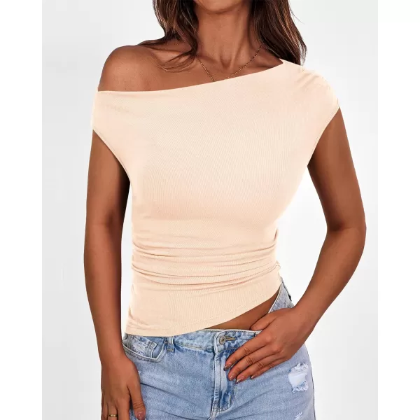imageBTFBM Women Off The Shoulder Tops Casual Summer Boat Neck Sleeveless Ruched Ribbed Shirt Slim Fitted Y2K Going Out TopSolid Beige