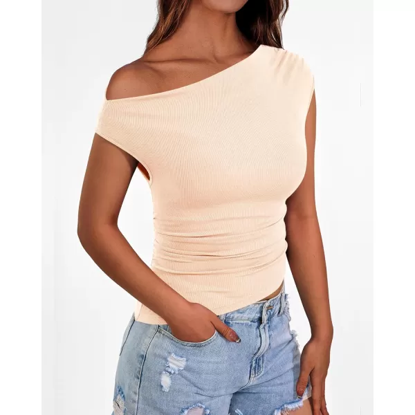 imageBTFBM Women Off The Shoulder Tops Casual Summer Boat Neck Sleeveless Ruched Ribbed Shirt Slim Fitted Y2K Going Out TopSolid Beige