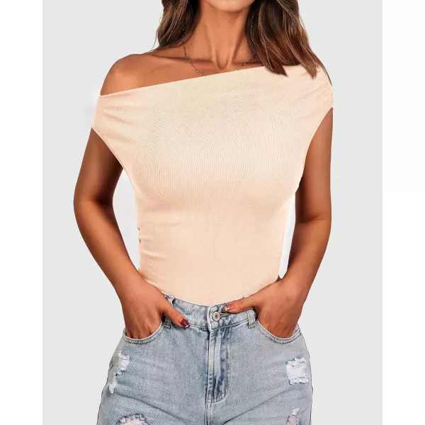 imageBTFBM Women Off The Shoulder Tops Casual Summer Boat Neck Sleeveless Ruched Ribbed Shirt Slim Fitted Y2K Going Out TopSolid Beige