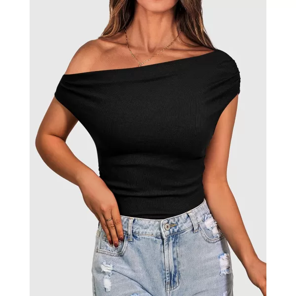 imageBTFBM Women Off The Shoulder Tops Casual Summer Boat Neck Sleeveless Ruched Ribbed Shirt Slim Fitted Y2K Going Out TopSolid Black