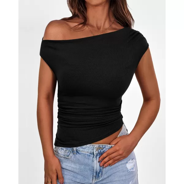 imageBTFBM Women Off The Shoulder Tops Casual Summer Boat Neck Sleeveless Ruched Ribbed Shirt Slim Fitted Y2K Going Out TopSolid Black