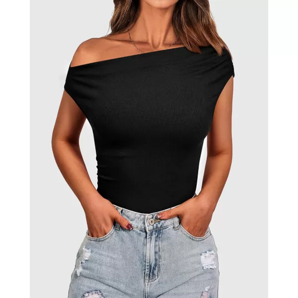 imageBTFBM Women Off The Shoulder Tops Casual Summer Boat Neck Sleeveless Ruched Ribbed Shirt Slim Fitted Y2K Going Out TopSolid Black