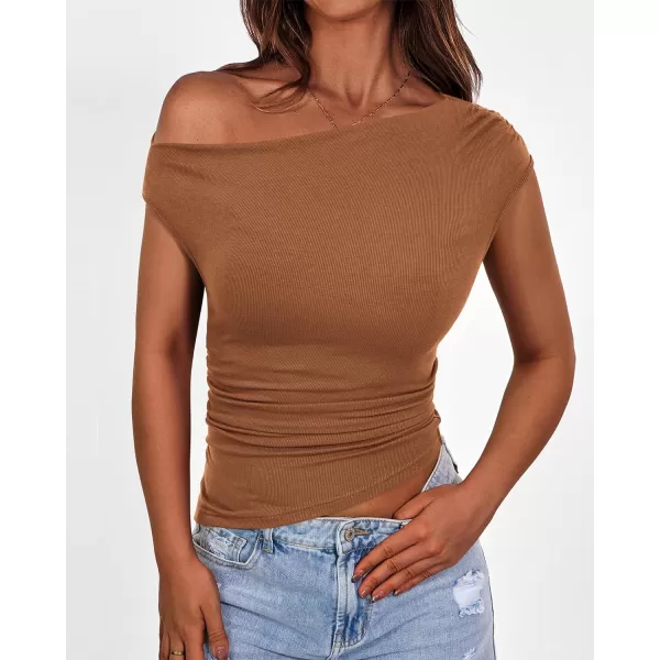 imageBTFBM Women Off The Shoulder Tops Casual Summer Boat Neck Sleeveless Ruched Ribbed Shirt Slim Fitted Y2K Going Out TopSolid Brown